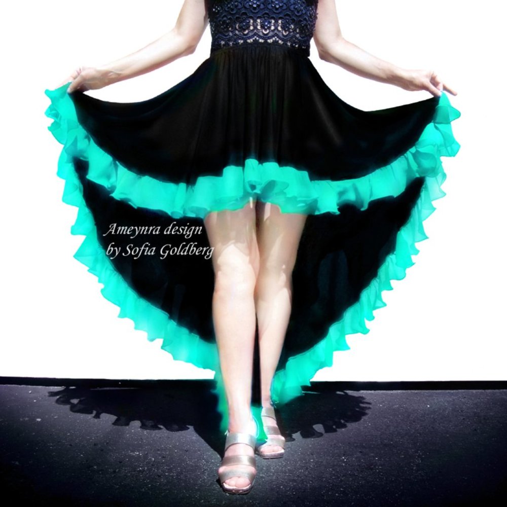 Ameynra high low skirt black rayon with aqua chiffon ruffle